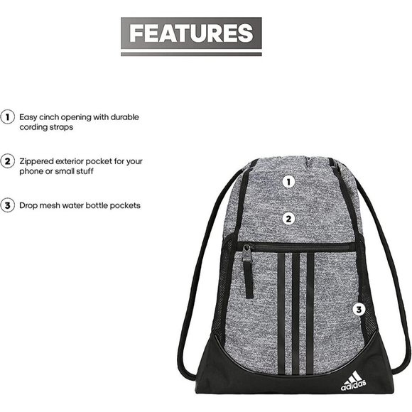 Adidas Alliance II Sackpack, Black, One Size Gym Soccer Bag #952 - Picture 4 of 5